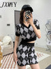 imCharms 2023 Spring Elegant Temperament Short Knitted Suit Female Diamond V-Neck Retro Top + Hip Skirt