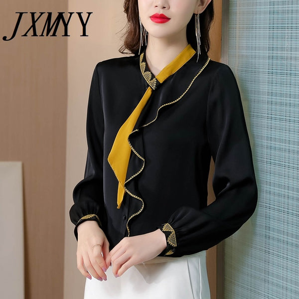imCharms 2023 Spring High-End Embroidery Long-Sleeved Black Satin Shirt Female Design Sense Niche All-Match Blouse