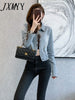 imCharms 2023 Spring and Autumn Denim Short Jacket Straps Sexy Slim Design Long Sleeve Personality Jacket
