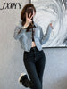 imCharms 2023 Spring and Autumn Denim Short Jacket Straps Sexy Slim Design Long Sleeve Personality Jacket