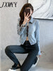 imCharms 2023 Spring and Autumn Denim Short Jacket Straps Sexy Slim Design Long Sleeve Personality Jacket