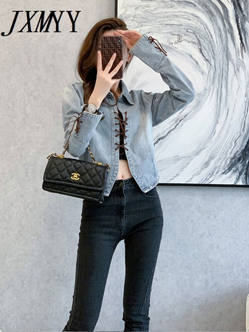 imCharms 2023 Spring and Autumn Denim Short Jacket Straps Sexy Slim Design Long Sleeve Personality Jacket