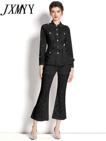 imCharms 2023 Spring and Autumn Hollow Lace Workwear Shirt + Lace Pants Elegant Temperament Women's Suit