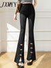 imCharms 2023 Summer And Autumn High Waist Pendant Bow Slit Micro Flared Pants Women's Black Suit Trousers