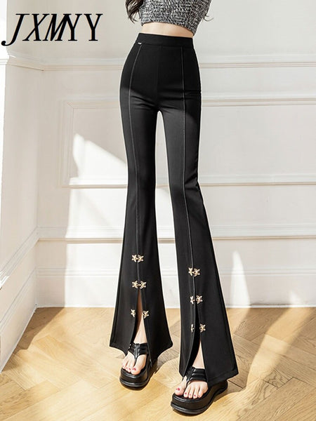 imCharms 2023 Summer And Autumn High Waist Pendant Bow Slit Micro Flared Pants Women's Black Suit Trousers