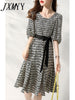 imCharms 2023 Summer Belt Decoration Elegant Temperament Waist Slim Printed Skirt Dress Women's Clothing