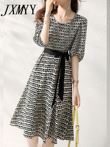imCharms 2023 Summer Belt Decoration Elegant Temperament Waist Slim Printed Skirt Dress Women's Clothing