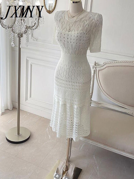 imCharms 2023 Summer Chic Gentle Temperament Round Neck Hollow Design High Waist Slim Bag Hip Fishtail Dress Women's