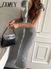 imCharms 2023 Summer Chic Retro Temperament V-Neck Houndstooth Design Slim Single-Breasted Long-Sleeved Knitted Dress Women