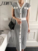 imCharms 2023 Summer Chic Retro Temperament V-Neck Houndstooth Design Slim Single-Breasted Long-Sleeved Knitted Dress Women