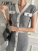 imCharms 2023 Summer Chic Retro Temperament V-Neck Houndstooth Design Slim Single-Breasted Long-Sleeved Knitted Dress Women