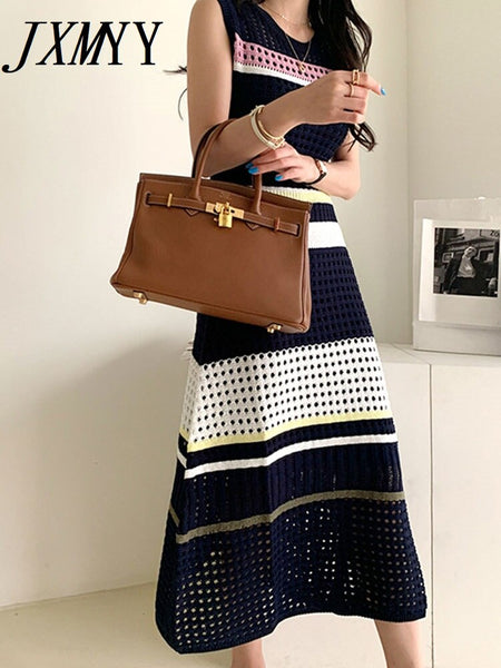 imCharms 2023 Summer Elegant Temperament Small Hollow Elastic Long Skirt Knitted Suspenders + Dress Suit Women's Clothing
