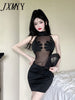 imCharms 2023 Summer European And American Style Dark Hollow Perspective Stitching Sexy Personality Dress Female