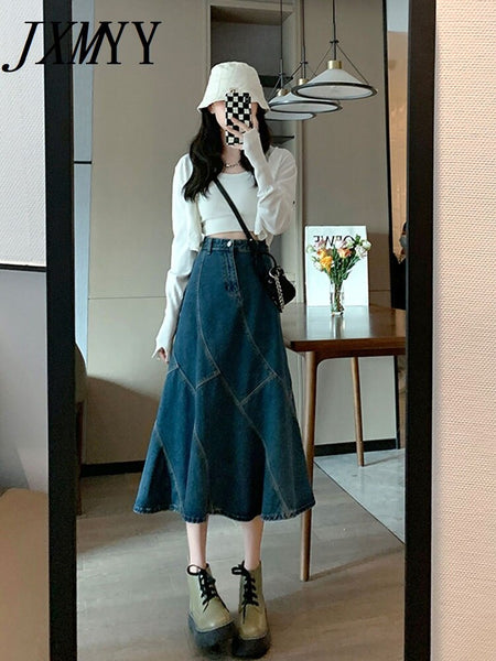 imCharms 2023 Summer All-Match Fishtail Skirt Design A-Line Loose Long Skirt High Waist Denim Slim Skirt Women