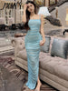 imCharms 2023 Summer Elegant Temperament Mesh Knitted Suspenders Side Slit Long Skirt Sky Blue Ladies Sexy Dress