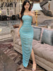 imCharms 2023 Summer Elegant Temperament Mesh Knitted Suspenders Side Slit Long Skirt Sky Blue Ladies Sexy Dress
