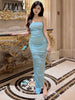 imCharms 2023 Summer Elegant Temperament Mesh Knitted Suspenders Side Slit Long Skirt Sky Blue Ladies Sexy Dress