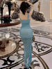 imCharms 2023 Summer Elegant Temperament Mesh Knitted Suspenders Side Slit Long Skirt Sky Blue Ladies Sexy Dress