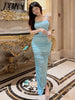 imCharms 2023 Summer Elegant Temperament Mesh Knitted Suspenders Side Slit Long Skirt Sky Blue Ladies Sexy Dress