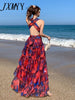 imCharms 2023 Summer Elegant Temperament V-Neck Printed Comfortable Dress High Waist Niche Women's Long Skirt