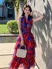 imCharms 2023 Summer Elegant Temperament V-Neck Printed Comfortable Dress High Waist Niche Women's Long Skirt