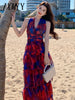 imCharms 2023 Summer Elegant Temperament V-Neck Printed Comfortable Dress High Waist Niche Women's Long Skirt