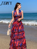 imCharms 2023 Summer Elegant Temperament V-Neck Printed Comfortable Dress High Waist Niche Women's Long Skirt