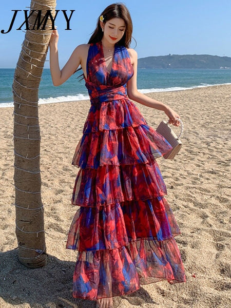 imCharms 2023 Summer Elegant Temperament V-Neck Printed Comfortable Dress High Waist Niche Women's Long Skirt