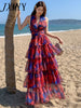 imCharms 2023 Summer Elegant Temperament V-Neck Printed Comfortable Dress High Waist Niche Women's Long Skirt
