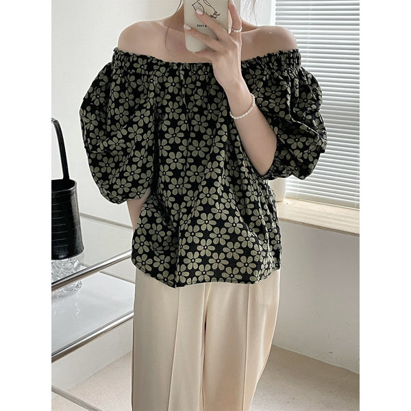 imCharms 2023 Summer Floral Women's Pure Desires Off-the-Shoulder One-Line Collar Loose Short Sleeve Shirts