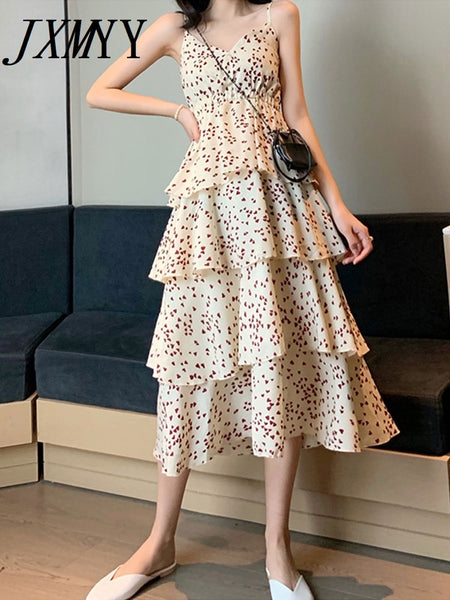imCharms 2023 Summer Love Small Floral High Waist Layered Cake Skirt Mid-Length Skirt Sling Dress Women's