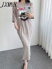 imCharms 2023 Summer Chic Leaked Shoulder Letter Cartoon Pattern Simple Casual Loose T-Shirt Skirt Long Dress