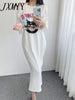 imCharms 2023 Summer Chic Leaked Shoulder Letter Cartoon Pattern Simple Casual Loose T-Shirt Skirt Long Dress