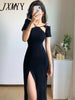 imCharms 2023 Summer Design Sense Hollowed-Out Sexy Off-The-Shoulder Split Mid-Length Short-Sleeved Black Dress