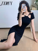 imCharms 2023 Summer Design Sense Hollowed-Out Sexy Off-The-Shoulder Split Mid-Length Short-Sleeved Black Dress