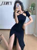imCharms 2023 Summer Design Sense Hollowed-Out Sexy Off-The-Shoulder Split Mid-Length Short-Sleeved Black Dress
