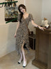 imCharms 2023 Summer Eegant Retro V-Neck Floral Skirt Temperament Slim Puff Sleeve Chiffon Split Dress Women's Clothing