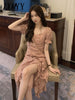 imCharms 2023 Summer Eegant Retro V-Neck Floral Skirt Temperament Slim Puff Sleeve Chiffon Split Dress Women's Clothing