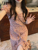 imCharms 2023 Summer Eegant Retro V-Neck Floral Skirt Temperament Slim Puff Sleeve Chiffon Split Dress Women's Clothing