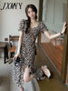 imCharms 2023 Summer Eegant Retro V-Neck Floral Skirt Temperament Slim Puff Sleeve Chiffon Split Dress Women's Clothing