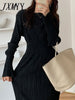imCharms 2023 Summer Elegant Retro Pleated Elastic Waist Mid-Length Little Black Dress Long-Sleeved Women's Dress