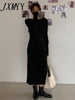 imCharms 2023 Summer Elegant Retro Pleated Elastic Waist Mid-Length Little Black Dress Long-Sleeved Women's Dress