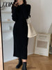 imCharms 2023 Summer Elegant Retro Pleated Elastic Waist Mid-Length Little Black Dress Long-Sleeved Women's Dress
