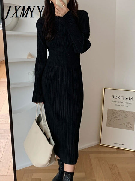 imCharms 2023 Summer Elegant Retro Pleated Elastic Waist Mid-Length Little Black Dress Long-Sleeved Women's Dress
