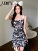 imCharms 2023 Summer Elegant Temperament Drawstring Ruffled Sling Sexy Slim Dress Women's Skirt