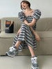 imCharms 2023 Summer Elegant Temperament Retro Striped Puff Sleeve Tube Top Dress Women's Clothing