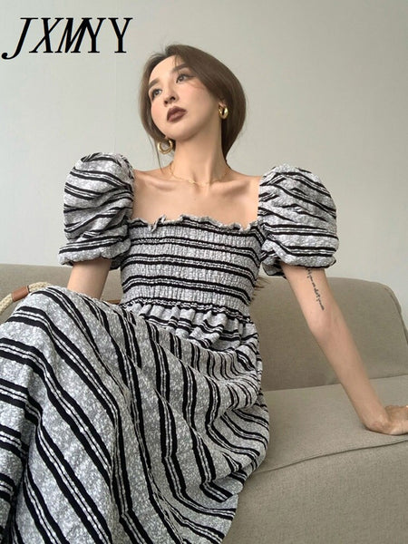 imCharms 2023 Summer Elegant Temperament Retro Striped Puff Sleeve Tube Top Dress Women's Clothing