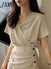 imCharms 2023 Summer Elegant Temperament V-Neck Cross Dress Button Pleated Design Short-Sleeved Slit Skirt