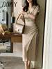 imCharms 2023 Summer Elegant Temperament V-Neck Cross Dress Button Pleated Design Short-Sleeved Slit Skirt