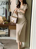 imCharms 2023 Summer Elegant Temperament V-Neck Cross Dress Button Pleated Design Short-Sleeved Slit Skirt